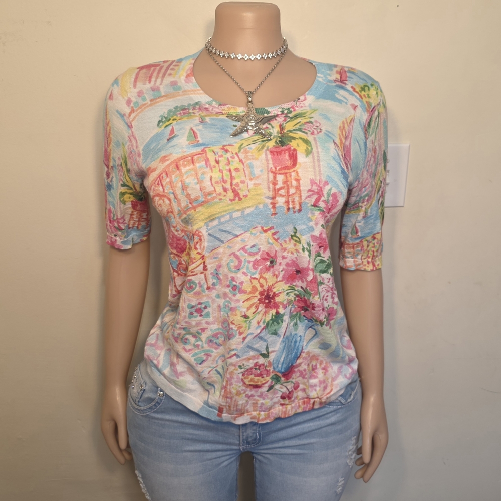 Talbots Multicolor Floral Beach Print Short Sleeve Top